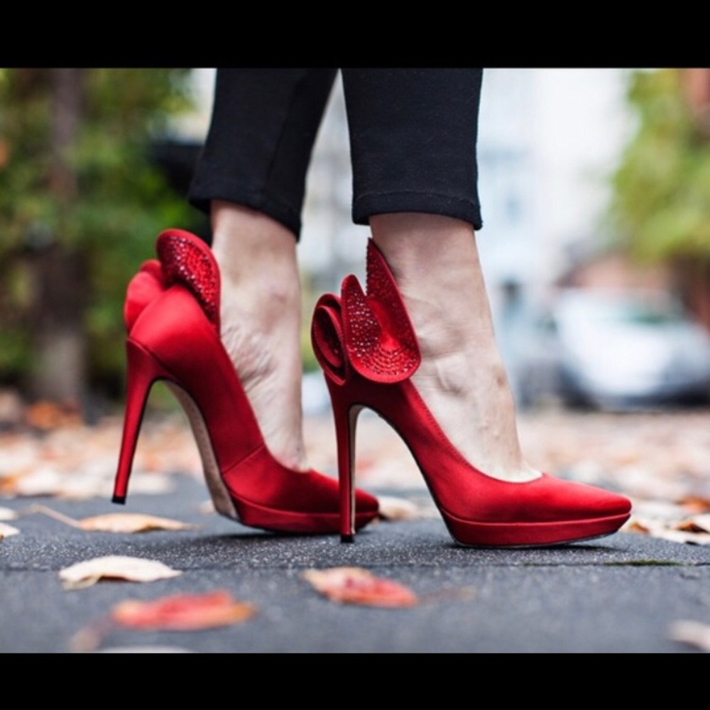 Alice and Olivia; satin red heels, size 6. Worn once.